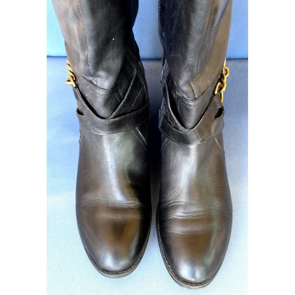 Lauren Ralph Lauren Menna W Leather Wide Calf Riding Boots Black Brown 7.5B